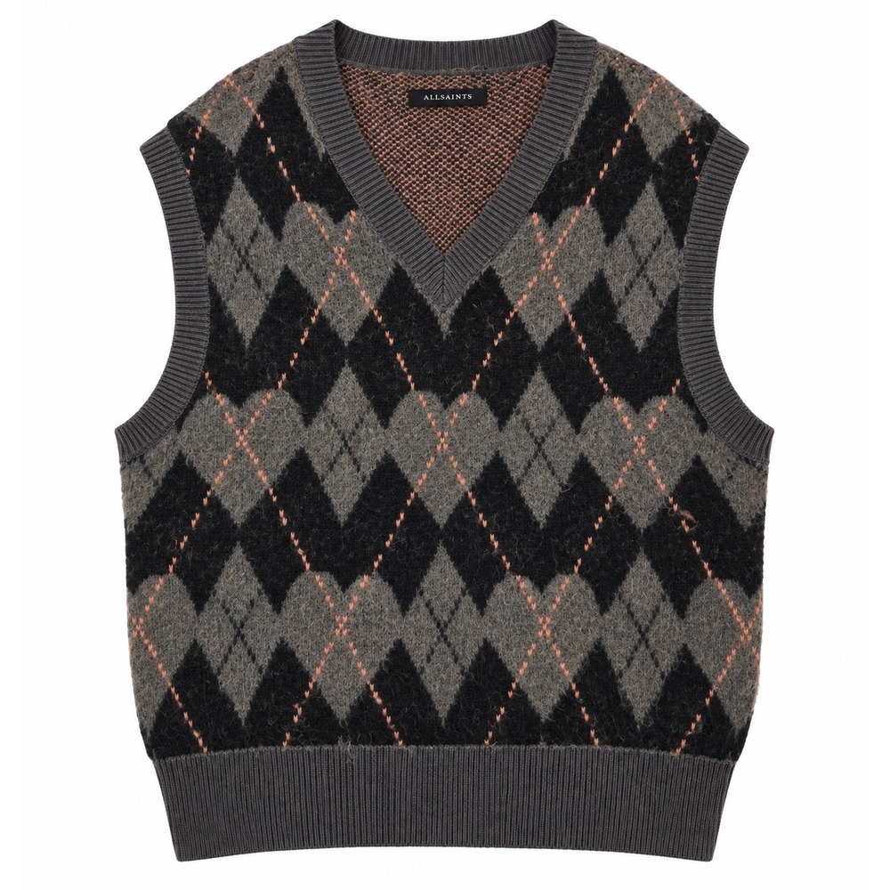AllSaints XL Argyle Sweater Vest Wool Llama Hair V Neck Gray Black